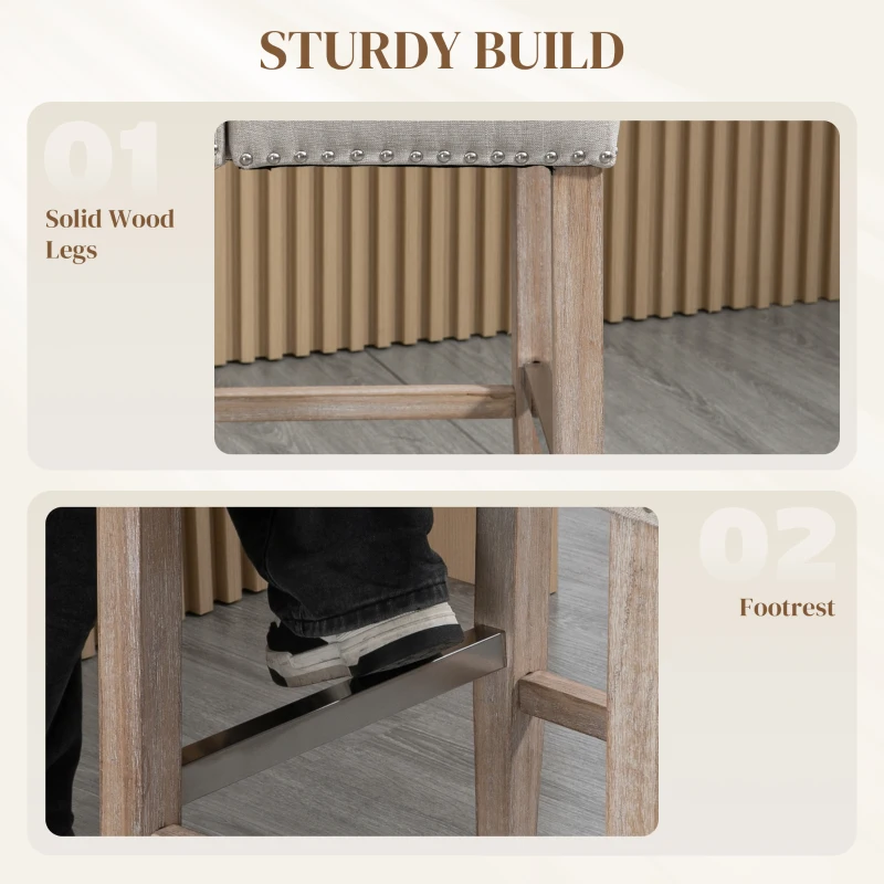 HOMCOM Counter Height Bar Stools Set of 2, 27" Seat Height Upholstered Barstools, Farmhouse Kitchen Island Stools with Nailhead-Trim, Tufted Back and Wooden Legs, Beige