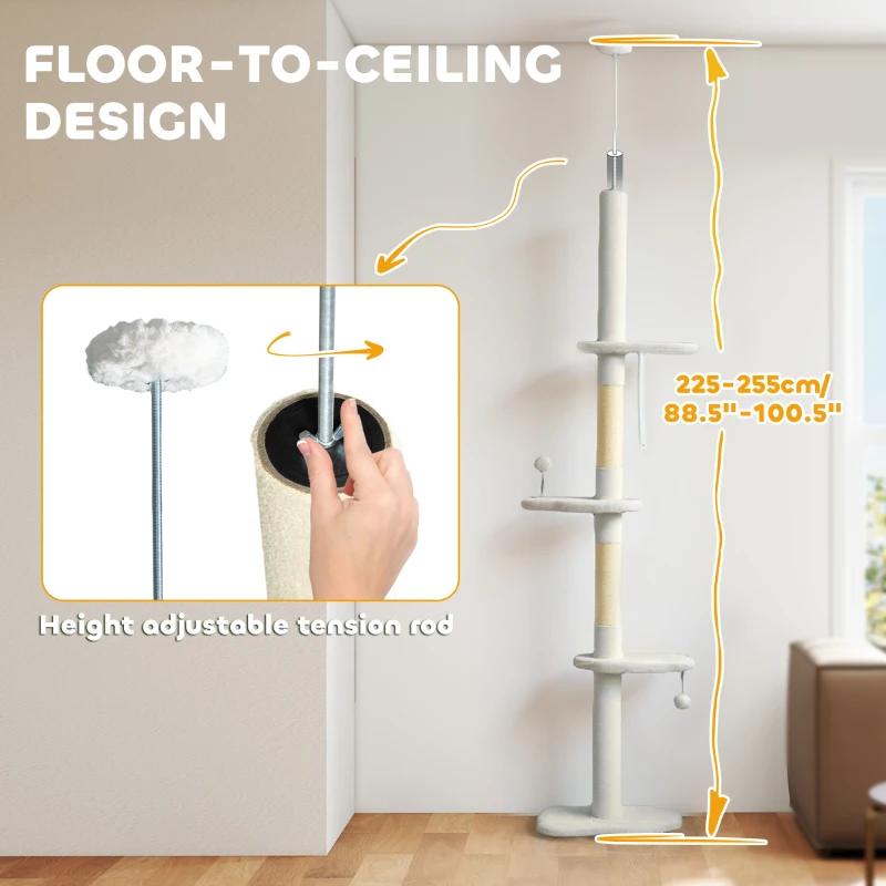 PawHut 88.5"-100.5" Floor to Ceiling Cat Tree, Cat Tower with Scratching Posts, Cloud Shaped Platforms, Dangling Balls, Cream