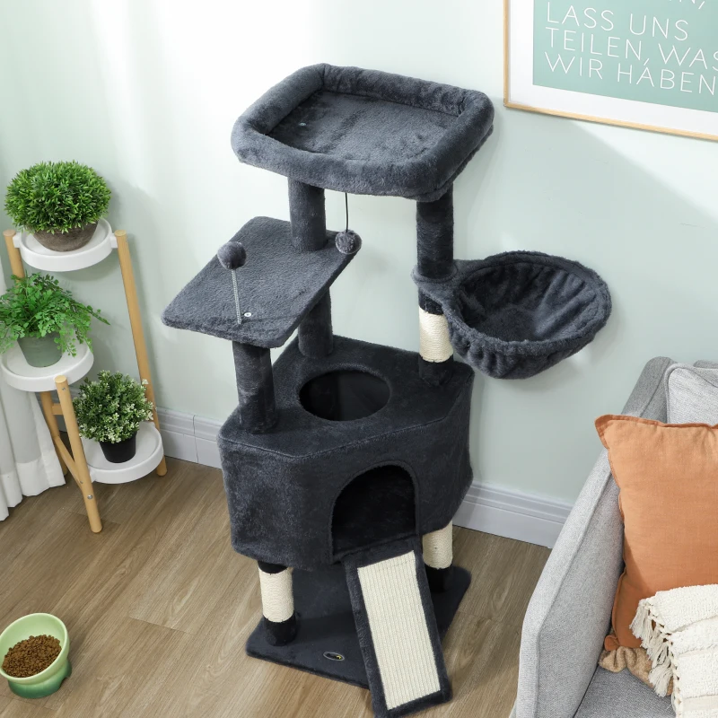 PawHut 47 Inch Cat Tree, Cat Tower for Indoor Cats with Cozy Condo, Bed, Toy Balls, Sisal Scratching Posts, Hammock, Dark Grey