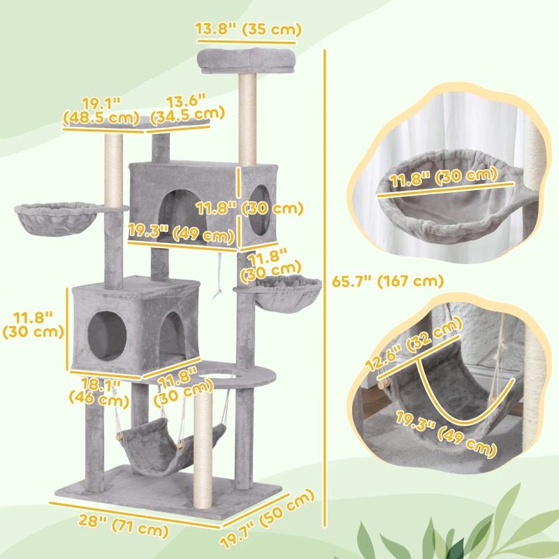 PawHut 66 Inch Large Cat Tree with 2 Door Condos, 3 Big Hammocks, Plush Top Perch, Sisal Scratching Posts, Light Grey