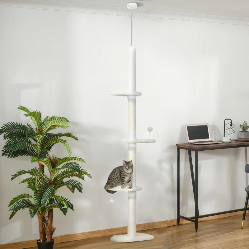 PawHut 88.5"-100.5" Floor to Ceiling Cat Tree, Cat Tower with Scratching Posts, Cloud Shaped Platforms, Dangling Balls, Cream