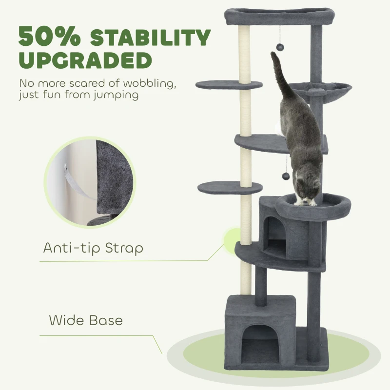 PawHut 79" Extra Tall Cat Tree with Scratching Posts, Perches, Caves, Hammock, Pompoms, for 2-3 Indoor Cats, Dark Grey