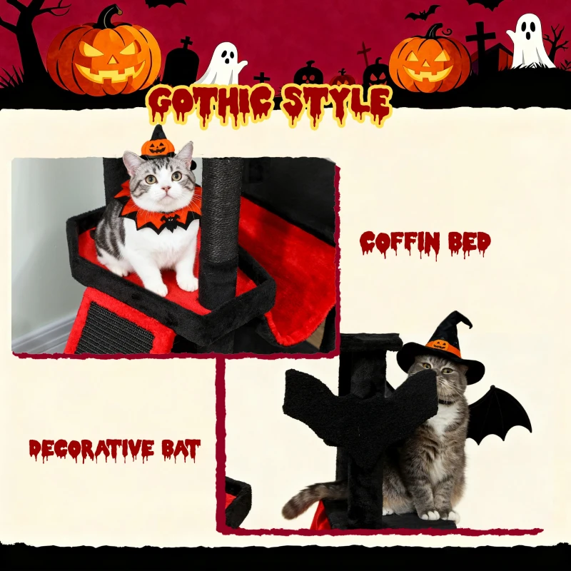 PawHut Gothic Cat Tree, 60" Tall Cat Tower with Coffin Bed,  Sisal Scratching Posts & Ramp, Condo, Hammock, Perches, Black