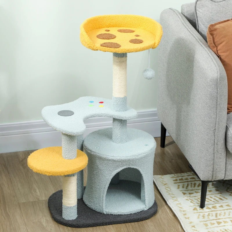 PawHut Cat Tree for Indoor Cats, 31.5 inch Cat Tower with Plush Perch, Platform, Condo, Scratching Post and Toy Ball, Blue