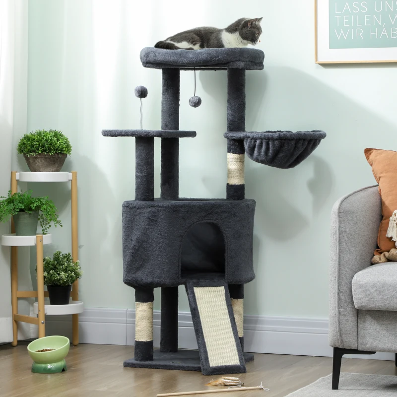 PawHut 47 Inch Cat Tree, Cat Tower for Indoor Cats with Cozy Condo, Bed, Toy Balls, Sisal Scratching Posts, Hammock, Dark Grey
