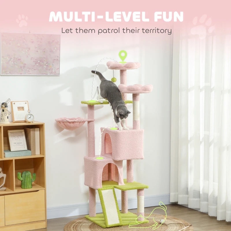 PawHut Flower Cat Tree with Sisal Scratching Posts, Multi-Level Cat Tower, Pink