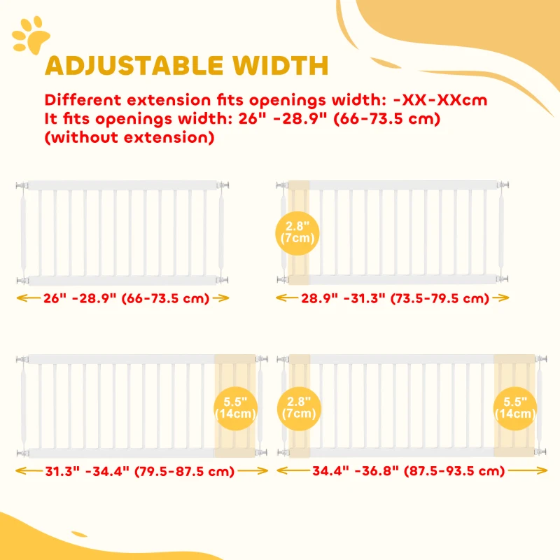 PawHut 26"-37" Dog Gate, Adjustable Pet Gate, Fits 14" Tall with 2 Extension, Pressure Mount Kit for Stairs and Doorways, White