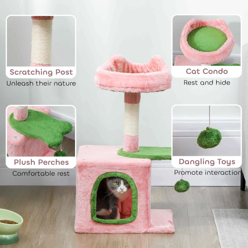 PawHut 28" Cat Tree Tower with Plush Top Bed, Cozy Condo, Sisal Scratching Post, Perch, Dangling Ball, Pink & Green