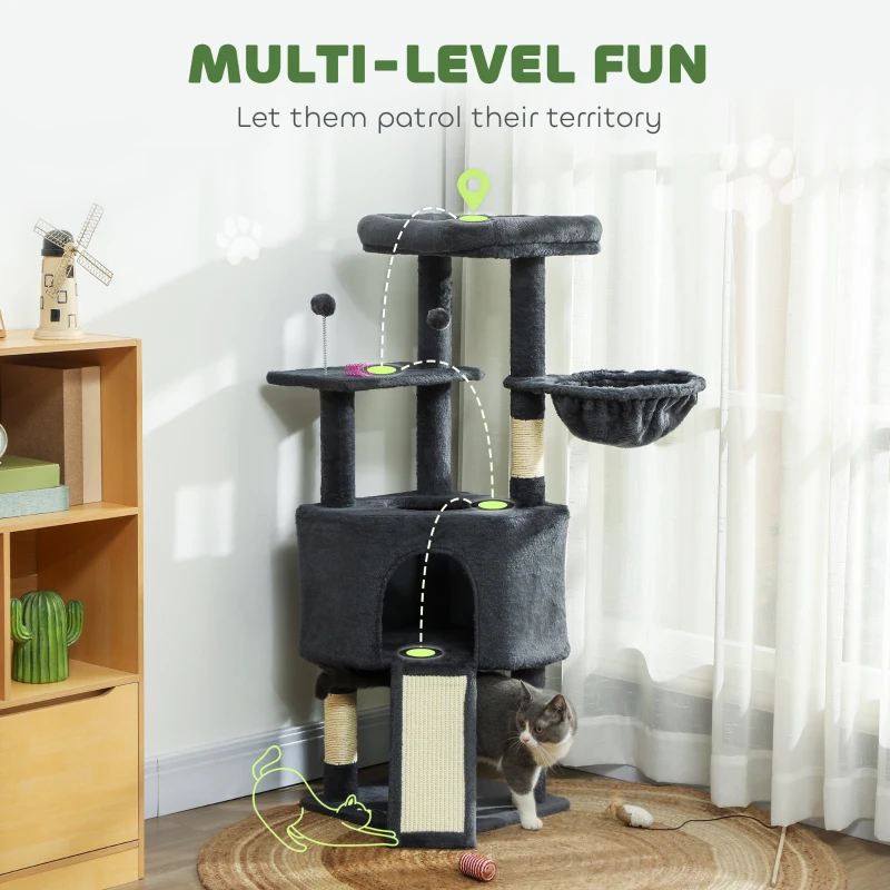 PawHut 47 Inch Cat Tree, Cat Tower for Indoor Cats with Cozy Condo, Bed, Toy Balls, Sisal Scratching Posts, Hammock, Dark Grey