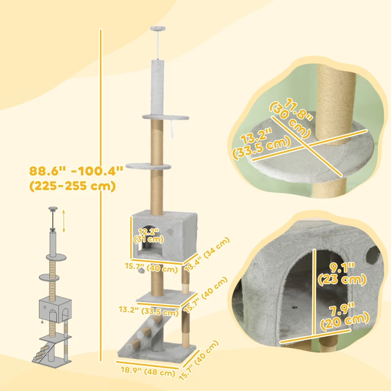 PawHut 89"-100" Floor to Ceiling Cat Tree w/ Scratching Post, Cat House, 3-Steps, Hanging Ball, Perches, Light Grey