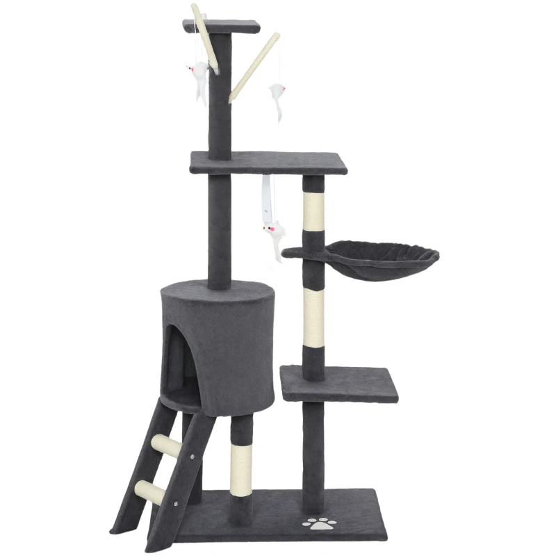 PawHut 53" Cat Tree Tower, Kitten Activity Centre with Scratching Posts, Condo, Perches, Ladder, Hammock, Dangling Toys, Dark Grey