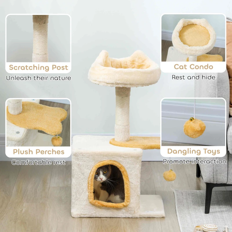 PawHut 28" Cat Tree Tower with Plush Top Bed, Cozy Condo, Sisal Scratching Post, Perch, Dangling Ball, Beige and Yellow