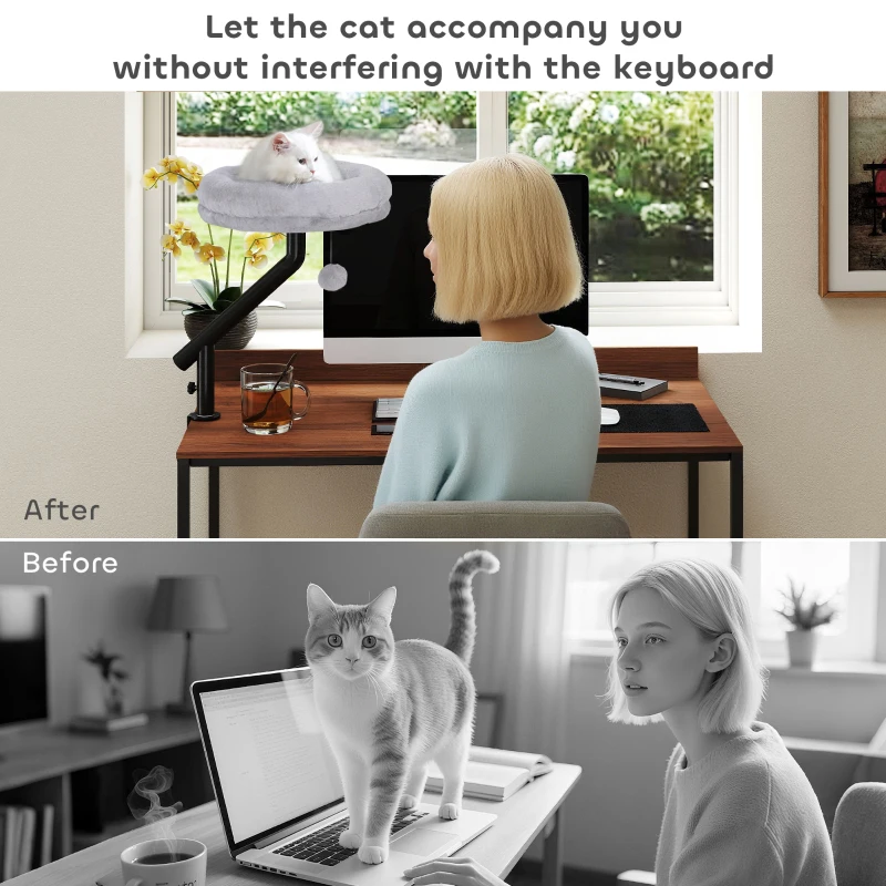 PawHut Cat Desk Bed 360° Rotatable Adjustable Height for Home Office Work Window