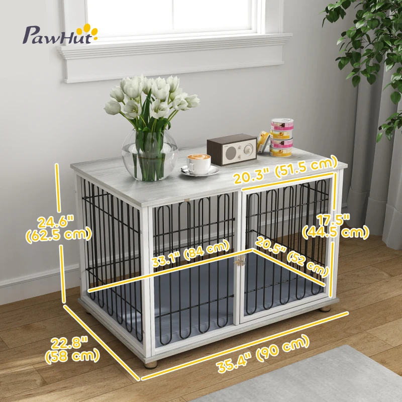 PawHut Dog Crate Furniture with Washable Cushion, Adjustable Feet for Medium Dogs, Indoor Use, Grey