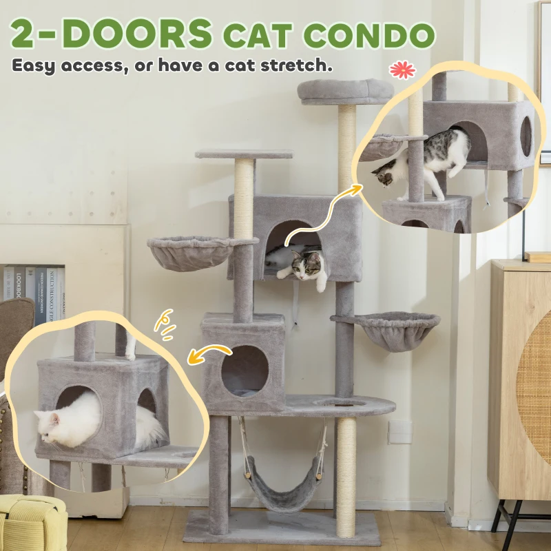 PawHut 66 Inch Large Cat Tree with 2 Door Condos, 3 Big Hammocks, Plush Top Perch, Sisal Scratching Posts, Light Grey
