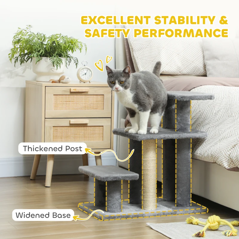 PawHut Cat Stairs with Sisal Scratching Post for High Bed Couch, Adjustable 3-Tier Pet Stairs, Grey