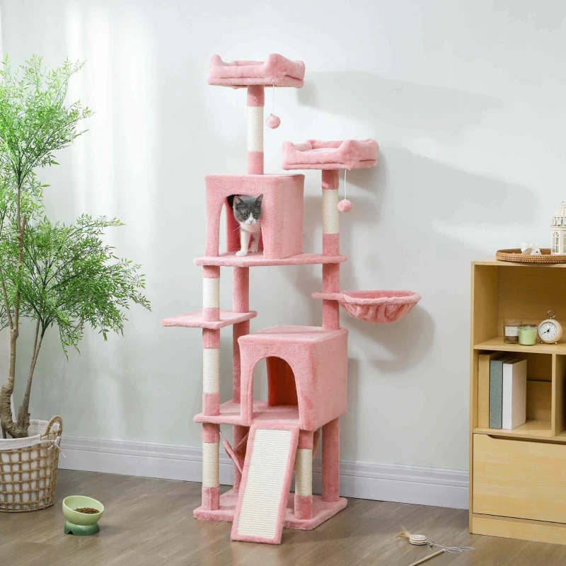 PawHut Cat Tree, 70" Multi-Level Cat Tower with 2 Condos, 2 Perches, Hammock, Toy Balls, Scratching Posts and Board, Pink