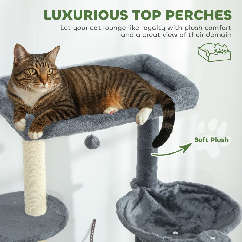 PawHut 79" Extra Tall Cat Tree with Scratching Posts, Perches, Caves, Hammock, Pompoms, for 2-3 Indoor Cats, Dark Grey