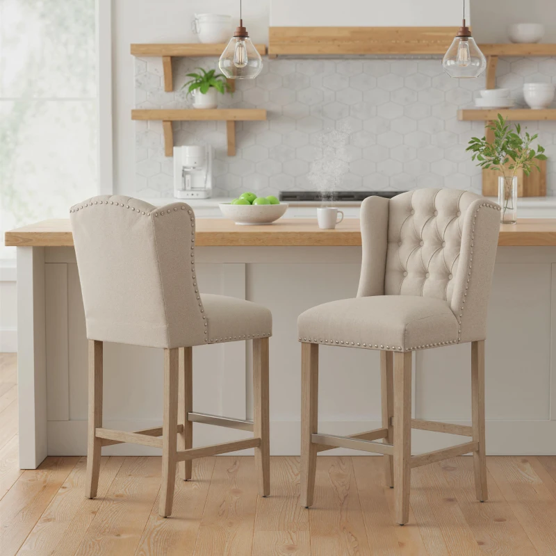 HOMCOM Counter Height Bar Stools Set of 2, 27" Seat Height Upholstered Barstools, Farmhouse Kitchen Island Stools with Nailhead-Trim, Tufted Back and Wooden Legs, Beige