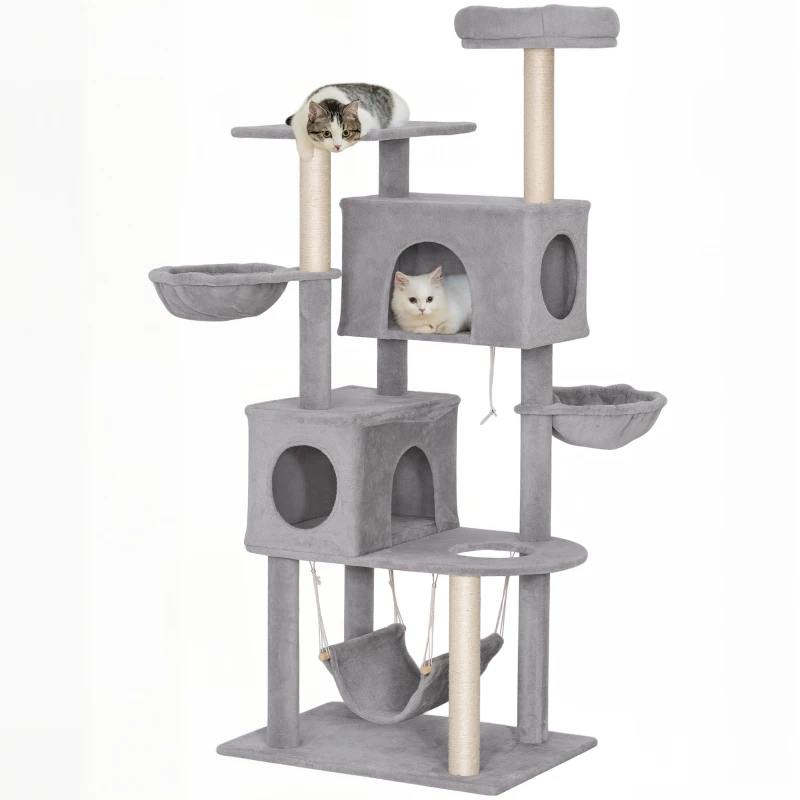 PawHut 66 Inch Large Cat Tree with 2 Door Condos, 3 Big Hammocks, Plush Top Perch, Sisal Scratching Posts, Light Grey