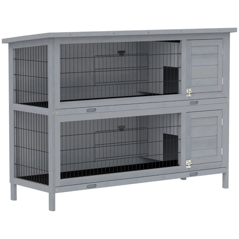 PawHut 2 Tier Wooden Rabbit Hutch Bunny Pet House Wooden Coop Run, Grey
