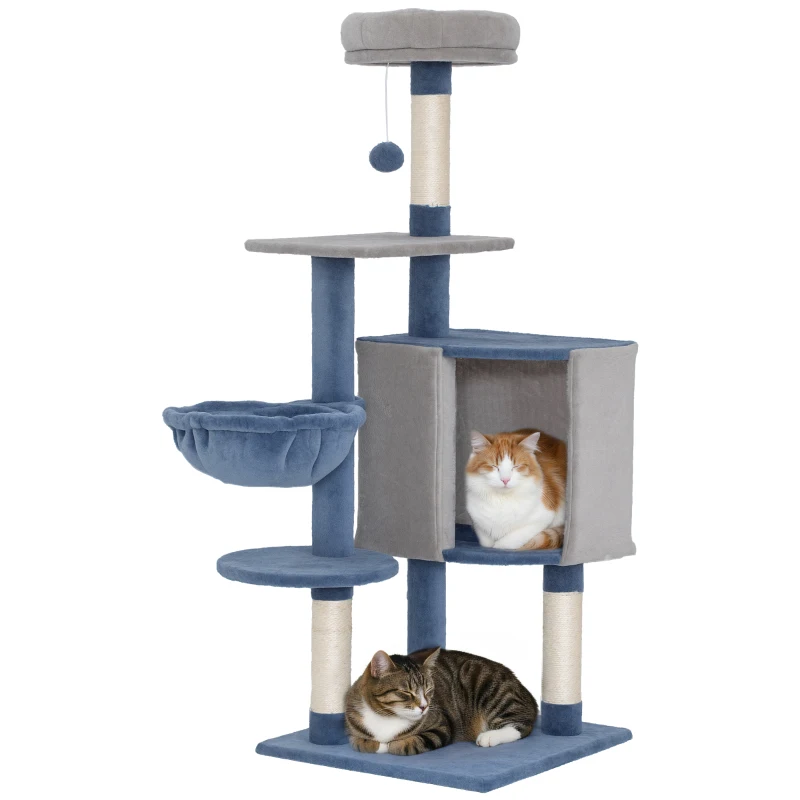 PawHut 48" Modern Cat Tree with Condo, Hammock, Perch, Sisal Scratching Posts, Toy Ball, for Indoor Cats, Blue and Grey