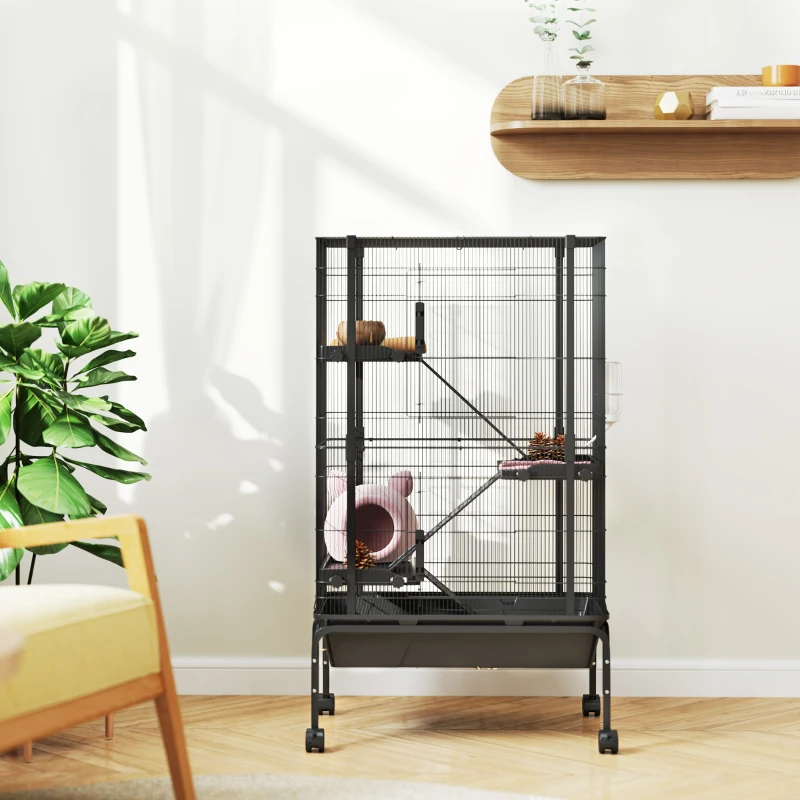 PawHut 47"H Ferret Cage, Large 4-Tier Guinea Pig Cage with Wheels, Ramps, Bowl, Water Bottle & Removable Tray, Black