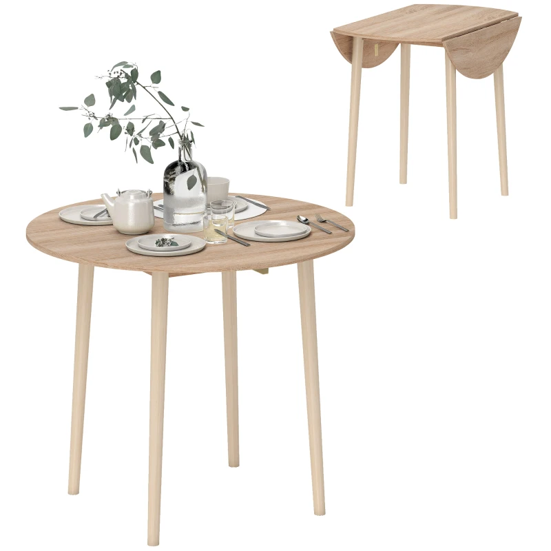 HOMCOM Folding Dining Table, Round Drop Leaf Kitchen Table for Small Spaces with Wood Legs, Oak Color