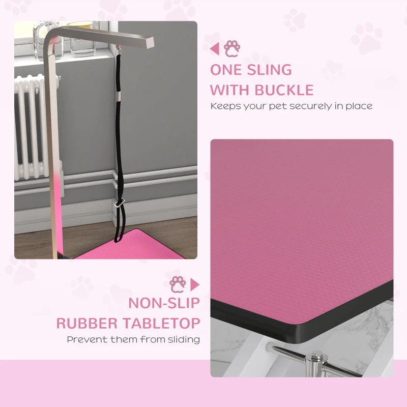 PawHut Pet Grooming Table, Height Adjustable Dog Grooming Table with Arm, Noose and Non-Slip Grooming Table, Pink