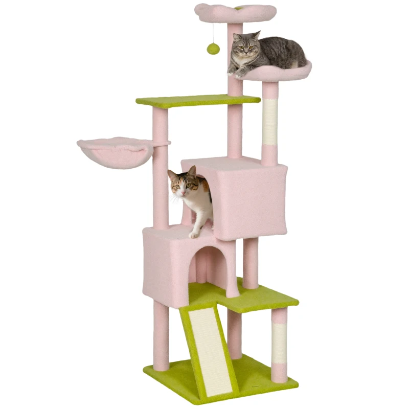 PawHut Flower Cat Tree with Sisal Scratching Posts, Multi-Level Cat Tower, Pink