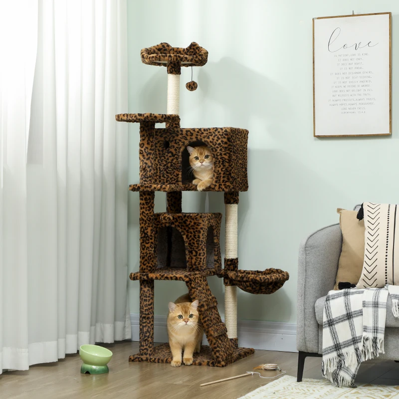 PawHut 63 Inch Cat Tree with Sisal Scratching Posts, Condos, Plush Perches, Hammock, Ladder, Dangling Balls, Leopard Print