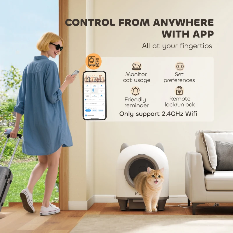 PawHut Automatic Cat Litter Box with App Control, Odor Isolation, Safety Protection, Anti-Pinch, 1 Roll Garbage Bag