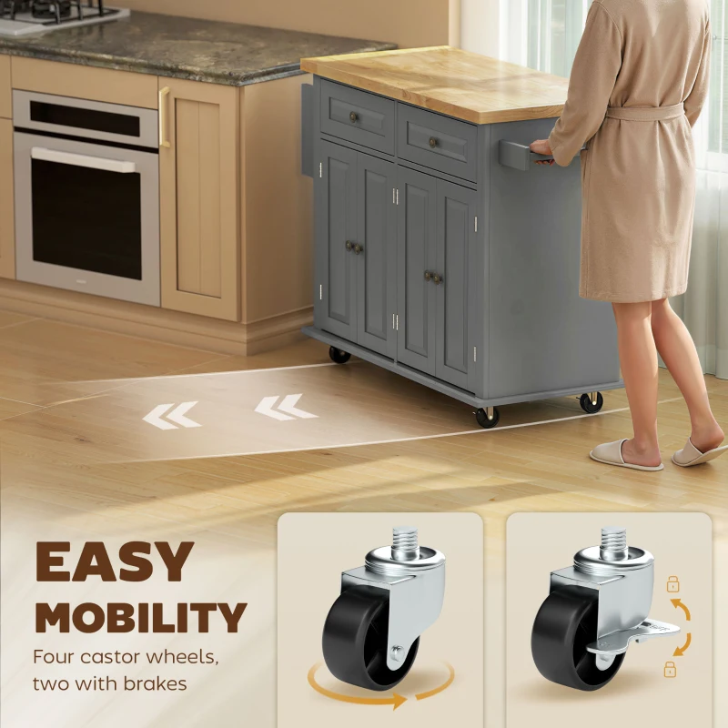 HOMCOM Kitchen Island with Storage, Rolling Trolley Cart with Rubber Wood Top, Spice Rack, Towel Rack, Grey