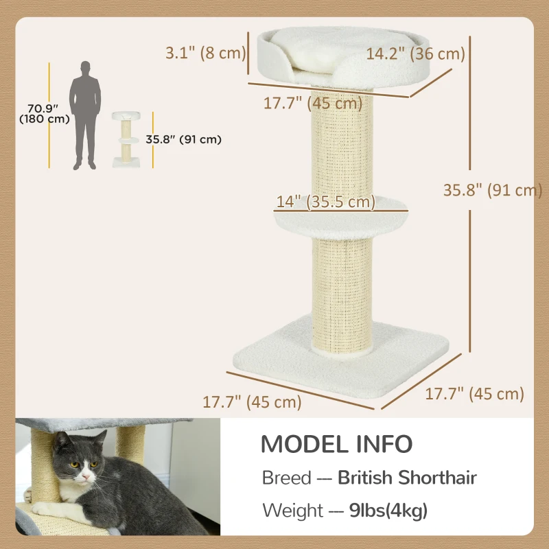 PawHut Cat Tree Kitty Tower with Sisal Mat Scratching Post, Cat Bed, Cushion, Perch, 18" x 18" x 36", Cream White