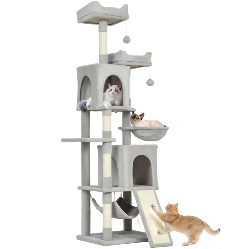 PawHut Cat Tree, 70" Multi-Level Cat Tower with 2 Condos, 2 Beds, Hammock, Toy Balls, Scratching Posts and Board, Light Grey