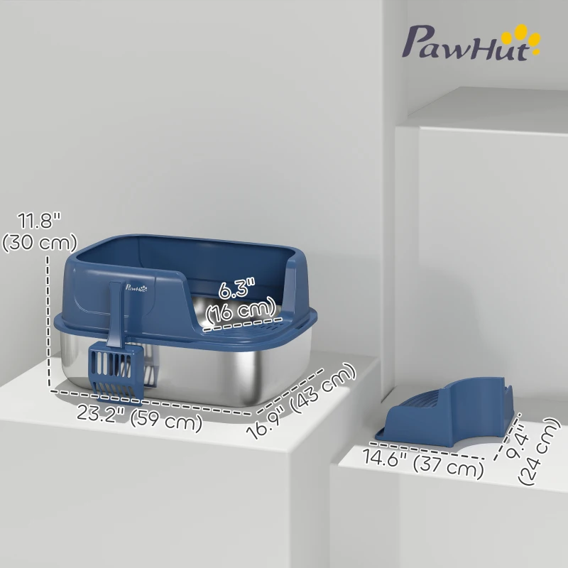 PawHut Stainless Steel Cat Litter Box, Cat Litter Box with High Side and Scoop, Anti-Leakage, Easy to Clean, Navy Blue
