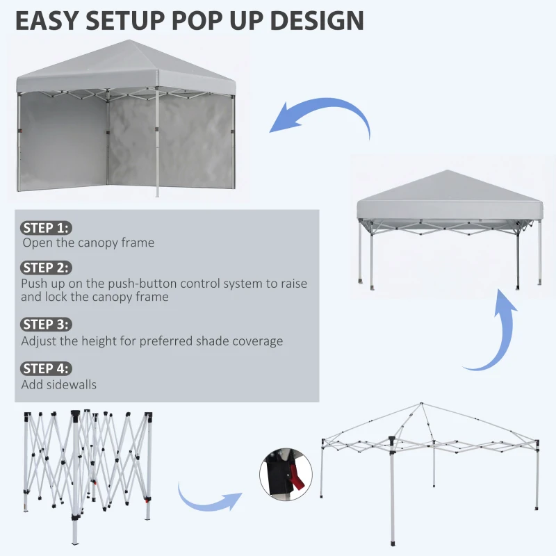 Outsunny 10' x 10' Pop Up Canopy with Sidewalls, Roller Bag, Height Adjustable Instant Tent for Outdoor Garden Patio, Light Grey