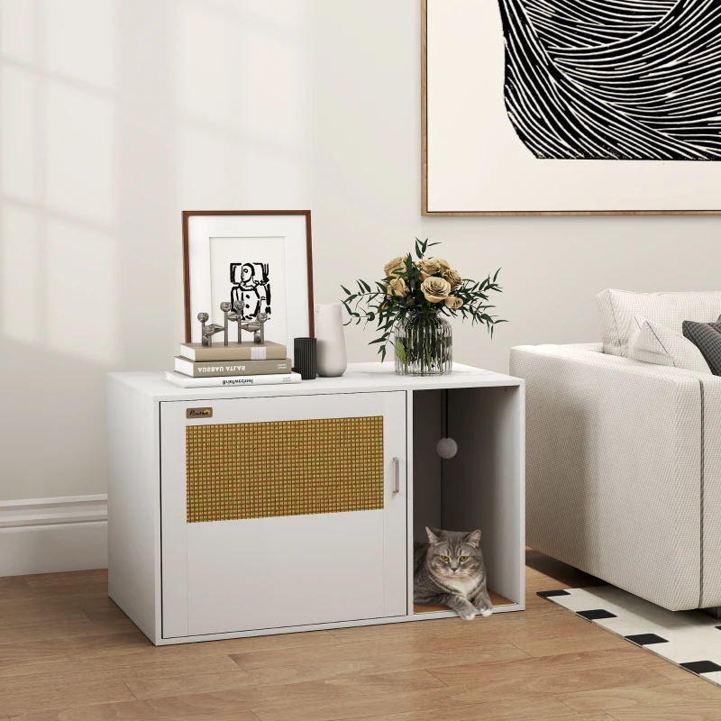 PawHut Cat Litter Box Enclosure, Cat Washroom End Side Table with Rattan Door, Scratching Pad, Non-slip Foot Pads, White