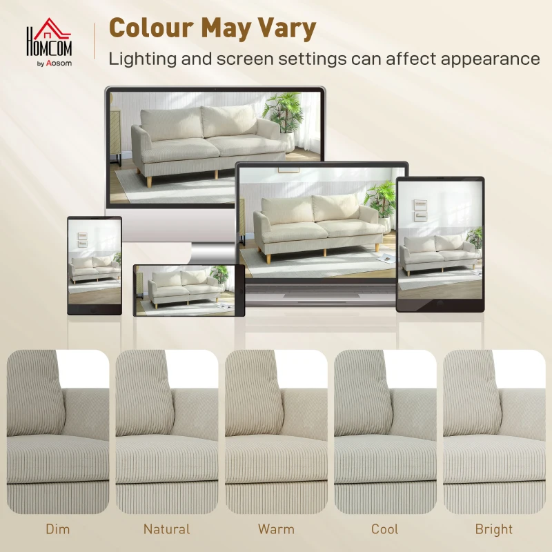 HOMCOM 3 Seater Sofa, 74" Modern Corduroy Upholstered Couch with Thick Spring Cushions, Solid Wood Legs, Armrests, Beige
