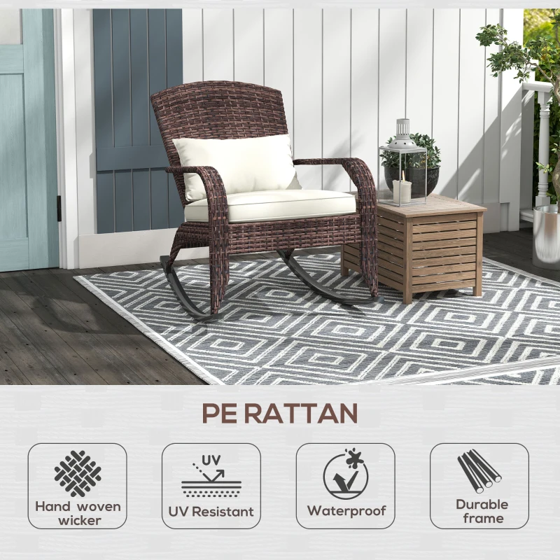 Outsunny Adirondack Chair, Outdoor Wicker Rocking Chair with High Back, Seat Cushion and Pillow for Porch, Balcony, Cream/Brown