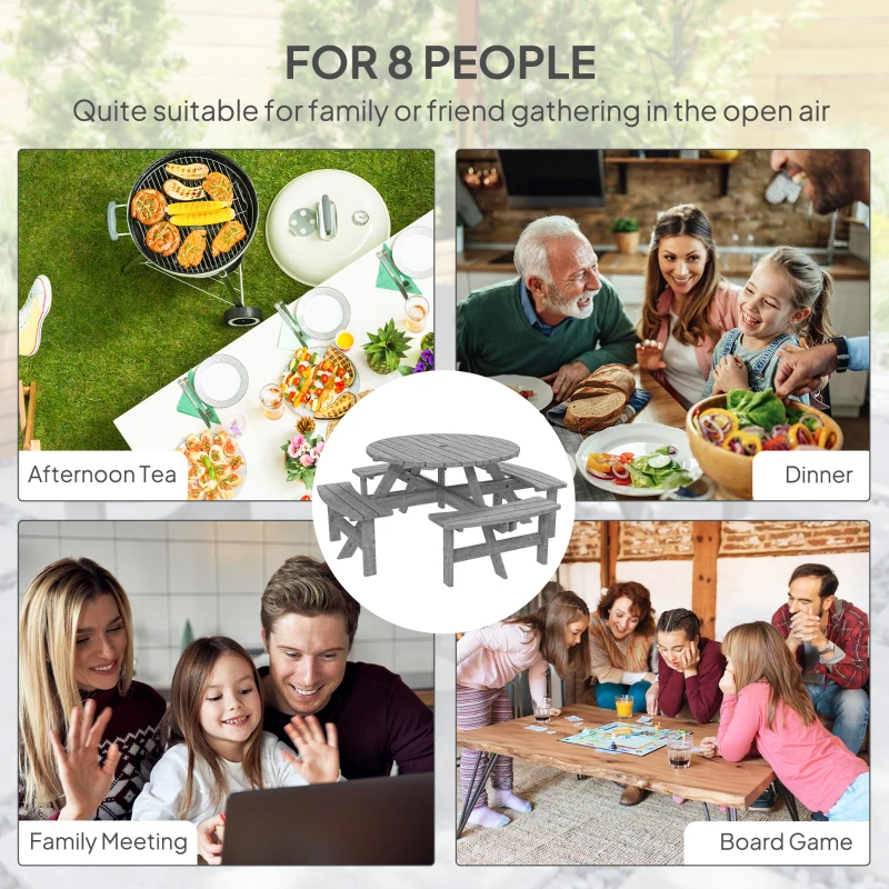 Outsunny 8 Seater Round Wooden Pub Bench & Picnic Table, Patio Dining Set for Outdoor Patio (Umbrella Not Included)