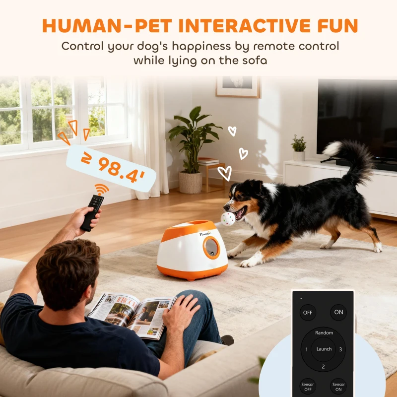 PawHut Automatic Dog Ball Launcher with 26-80 FT Distance, Automatic Ball Launcher for Medium and Large Dogs, Orange