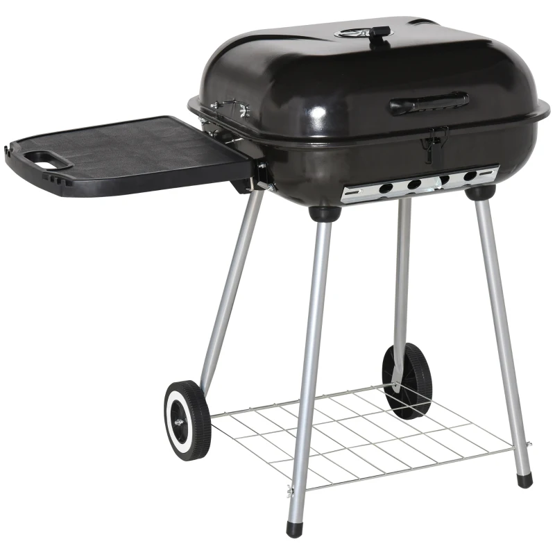 Outsunny Charcoal BBQ Grill with Warming Rack & Storage Side Table, Portable Barbecue Smoker, 89 x 60 x 83 cm, Black
