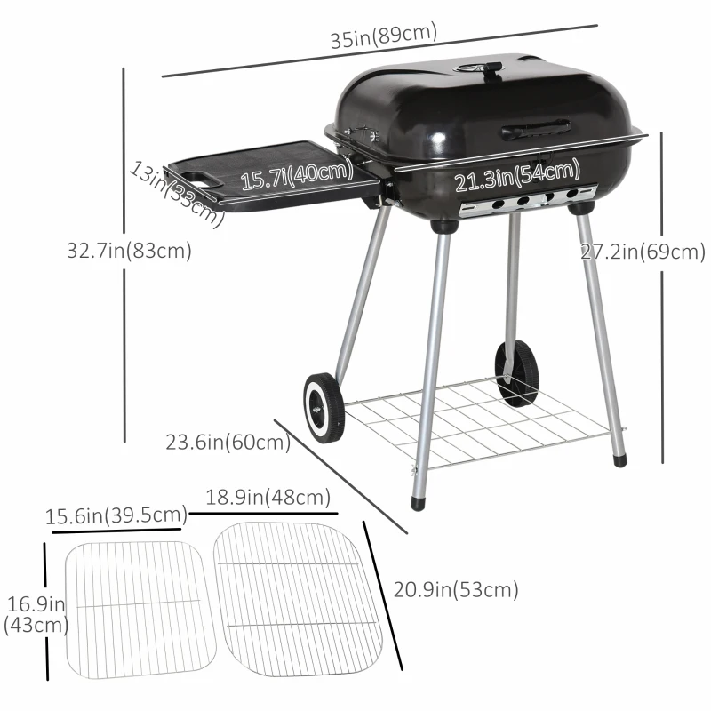 Outsunny Charcoal BBQ Grill with Warming Rack & Storage Side Table, Portable Barbecue Smoker, 89 x 60 x 83 cm, Black