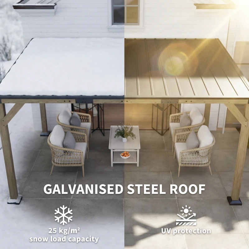 Outsunny 14' x 10' Gazebo, Lean to Galvanized Steel Hardtop Gazebo Pergola with Wood Frame, Patio Gazebo Awning, Dark Grey