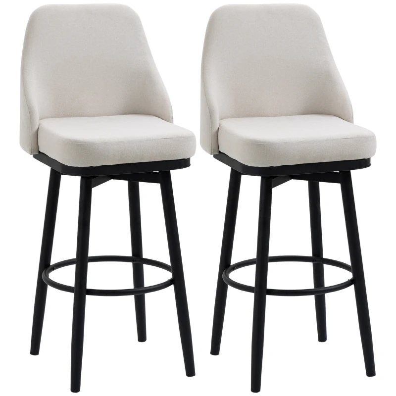 HOMCOM Bar Height Bar Stools Set of 2, Modern 360° Swivel Kitchen Chairs with Steel Legs and Footrest, 29.5 Inch Seat Height Upholstered Barstools for Kitchen Island, Cream White