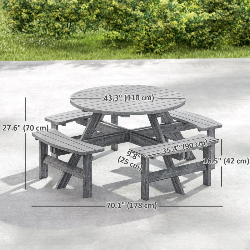 Outsunny 8 Seater Round Wooden Pub Bench & Picnic Table, Patio Dining Set for Outdoor Patio (Umbrella Not Included)