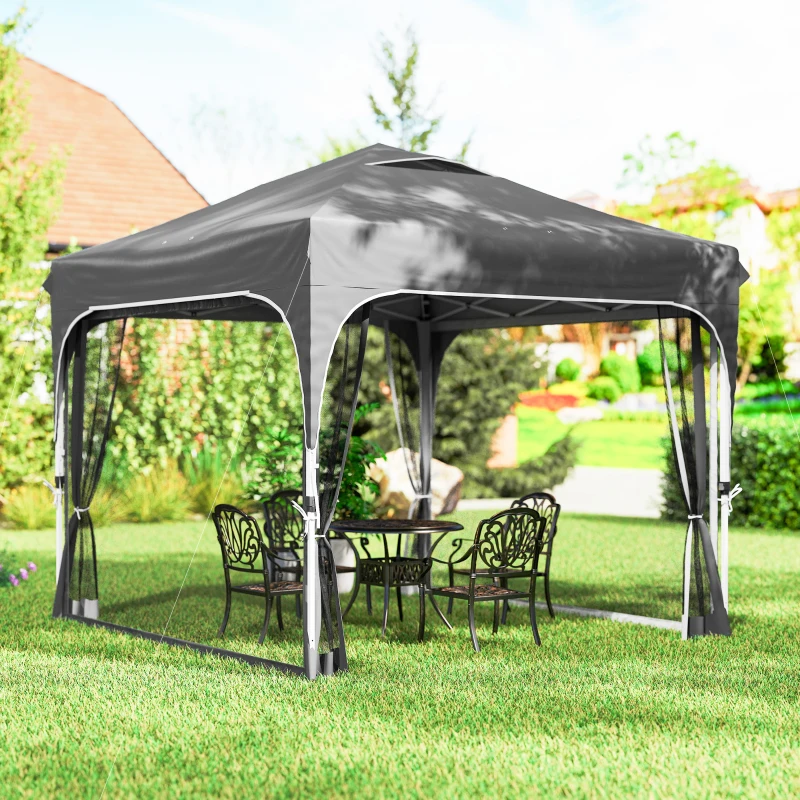 Outsunny 10 x 10 ft Pop Up Canopy Tent with Mosquito Netting, UPF 50+ Central Lock Easy Setup Outdoor Party Tent, Dark Grey