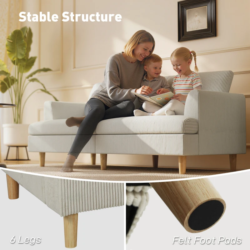 HOMCOM 3 Seater Sofa, 74" Modern Corduroy Upholstered Couch with Thick Spring Cushions, Solid Wood Legs, Armrests, Beige