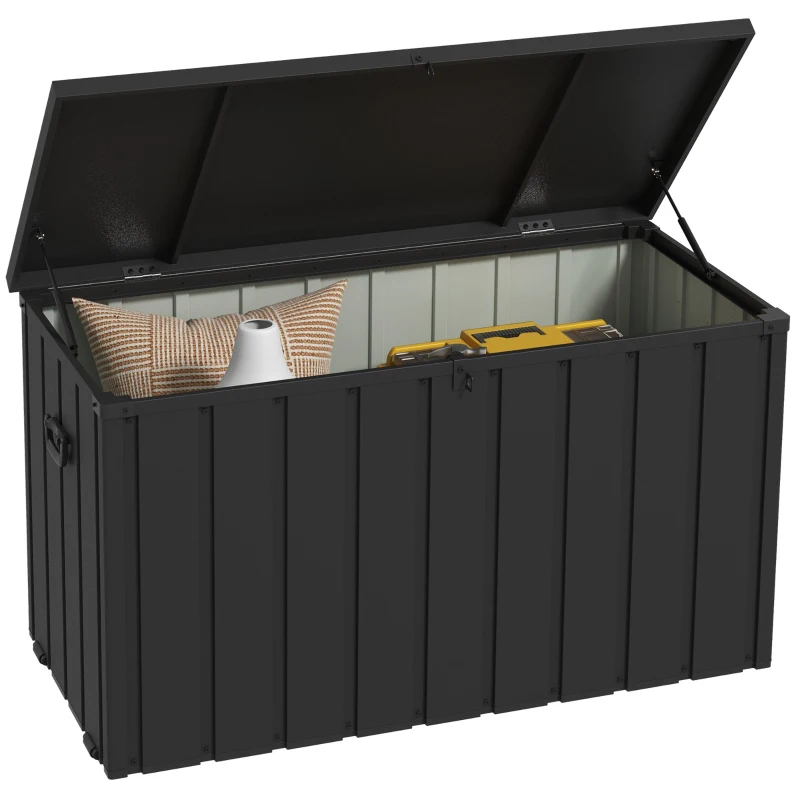 Outsunny 119 Gallon Deck Box, Lockable Galvanised Steel Outside Storage Container for Tools, Cushions, Dark Grey